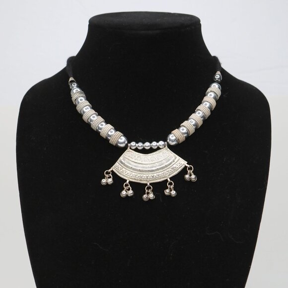 Set of 2 Handmade Ornate Silver Pendant Necklaces Yarn Cord Statement Jewelry - Picture 5 of 8